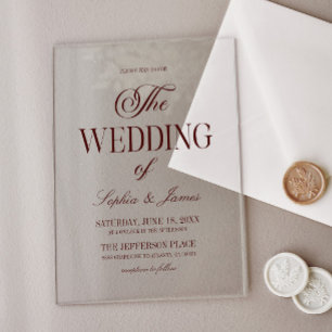 Moderne elegante dunkle Burgunderhochzeit Acryleinladungen