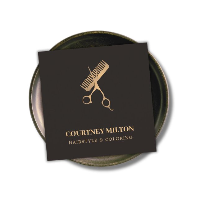 Moderne, elegante dunkle Imitate Goldschere Comb Quadratische Visitenkarte (Von Creator hochgeladen)