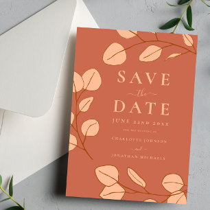 Moderne Elegante Einfache Blatt Orange Hochzeit Save The Date