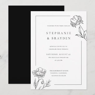 Moderne Elegante Einfache Florale Schwarze Weiße H Einladung