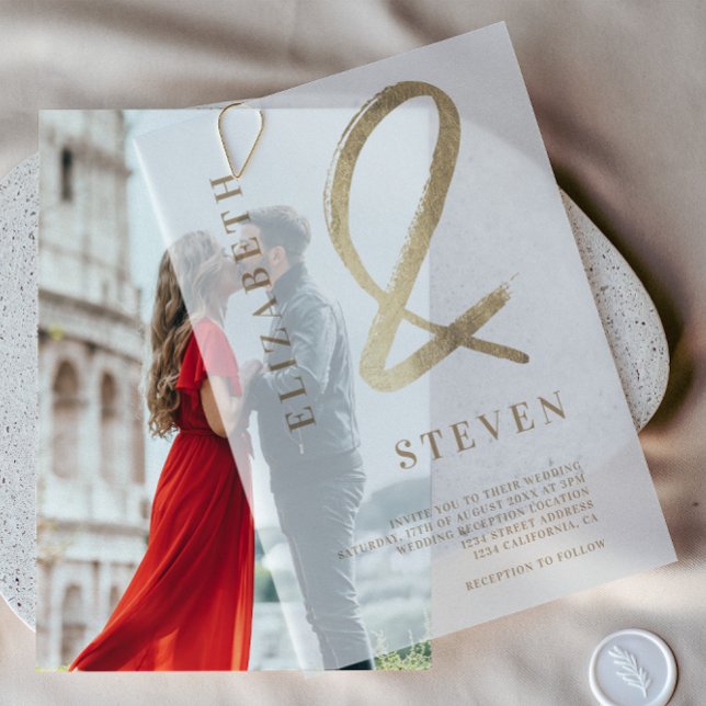 Moderne Elegante einfache Goldmedaillen und Hochze (Modern Elegant Simple Gold Ampersand Wedding Vellum Invitations)