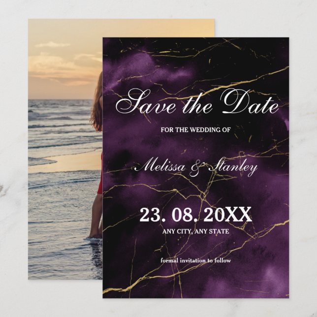 Moderne Elegante Einfache Lila Hochzeit Save The Date (Vorne/Hinten)