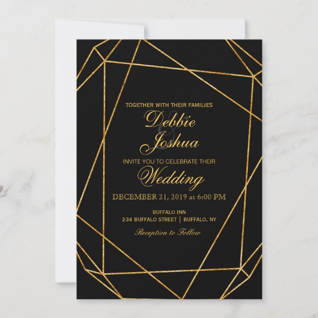 Moderne elegante Einladung zu Black & Gold Hochzei (Vorderseite)