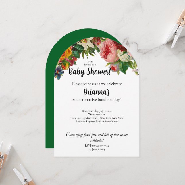 Moderne elegante Emerald Green Floral Baby Dusche Einladung (Vorderseite/Rückseite Beispiel)