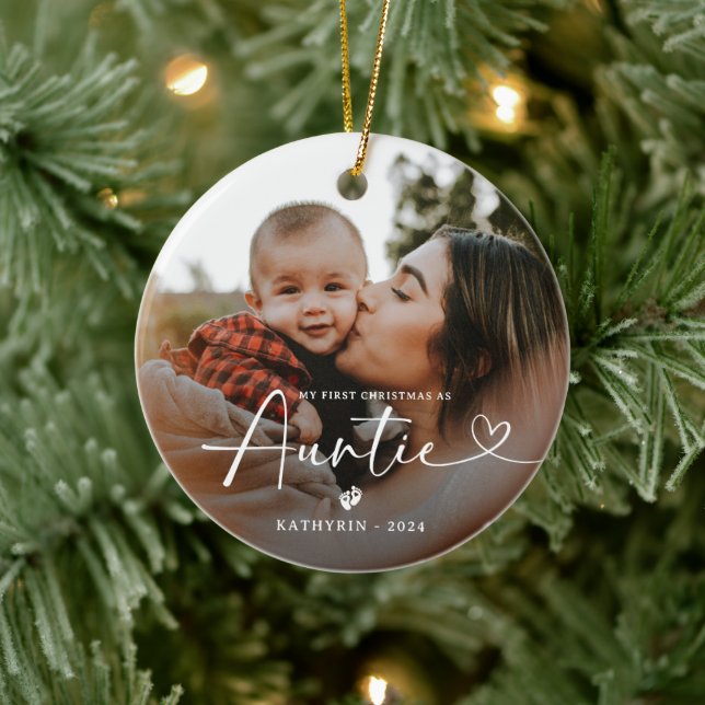 Moderne Elegante Erste Weihnachten als Tantchen Fo Keramik Ornament (Baum)