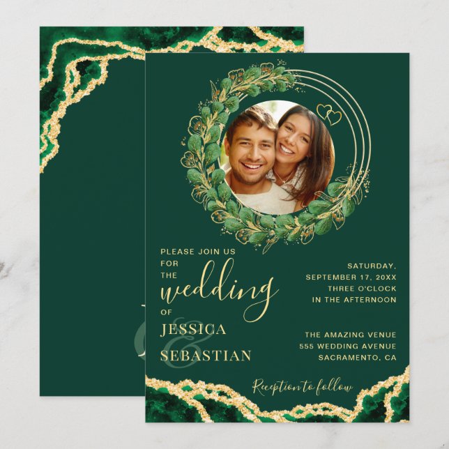 Moderne Elegante Eucalyptus Agate Emerald Wedding Einladung (Vorne/Hinten)