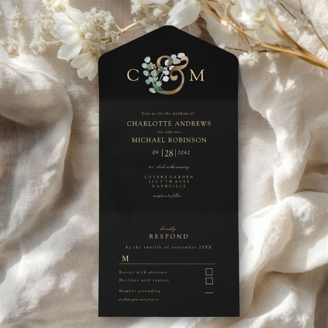 Moderne Elegante Eukalyptus Ampersand Hochzeit All In One Einladung (Modern Elegant Eucalyptus Wedding All In One Invitation)