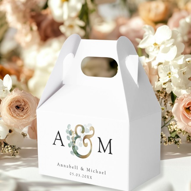 Moderne Elegante Eukalyptus Ampersand Hochzeit Geschenkschachtel (Eucalyptus Wedding Favor Box, Monogram, Ampersand, Botanical, white, beige-gold, green, modern.)
