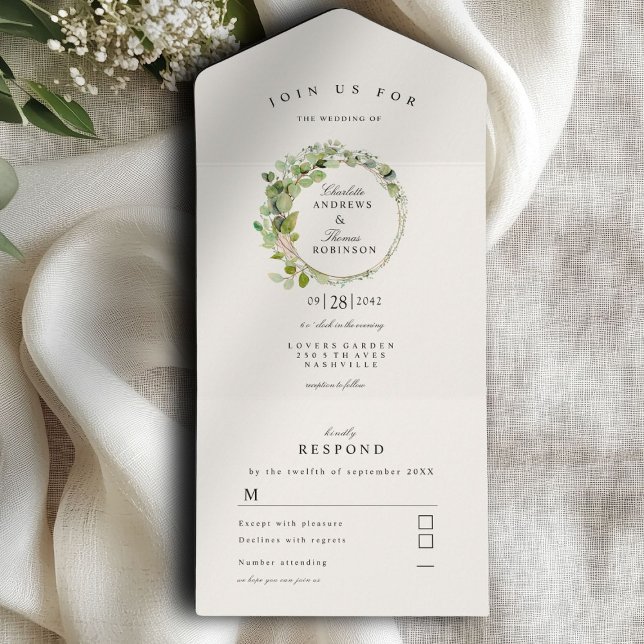 Moderne, elegante Eukalyptus-Hochzeit All In One Einladung (Modern, elegant eucalyptus wreath wedding all in one invitation)