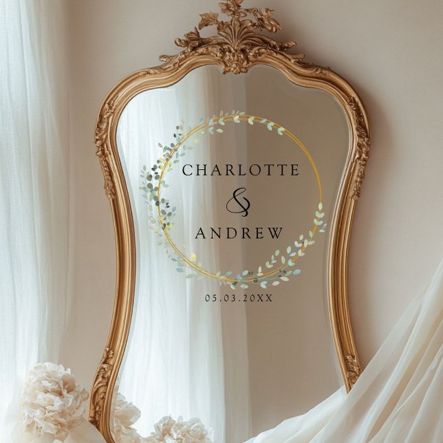 Moderne, elegante Eukalyptus-Hochzeit Fensteraufkleber (Personalized, modern, elegant eucalyptus wedding, window cling with your names and date.)