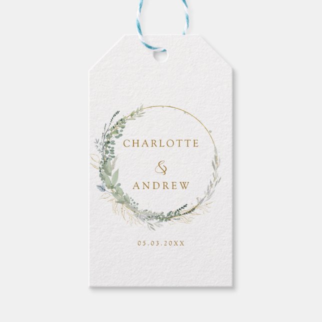 Moderne, elegante Eukalyptus-Hochzeitstitel Geschenkanhänger (Vorderseite)
