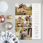 Moderne Elegante Five Foto Collage Weihnachten Folien Feiertagskarte<br><div class="desc">Versenden Sie schöne Urlaubsszenarien mit diesen 5 Foto Weihnachtskarten! Sie verfügen über fünf Fotovorlagen auf dem links Kartenmaterial, mit stylischer, moderner Typografie auf der rechten Seite, die "Frohe Weihnachten" in echter Folie lesen (erhältlich in Gold, Rose, Gold und Silber). Auf der Rückseite der Karte befindet sich ein einfaches, modernes Muster...</div>