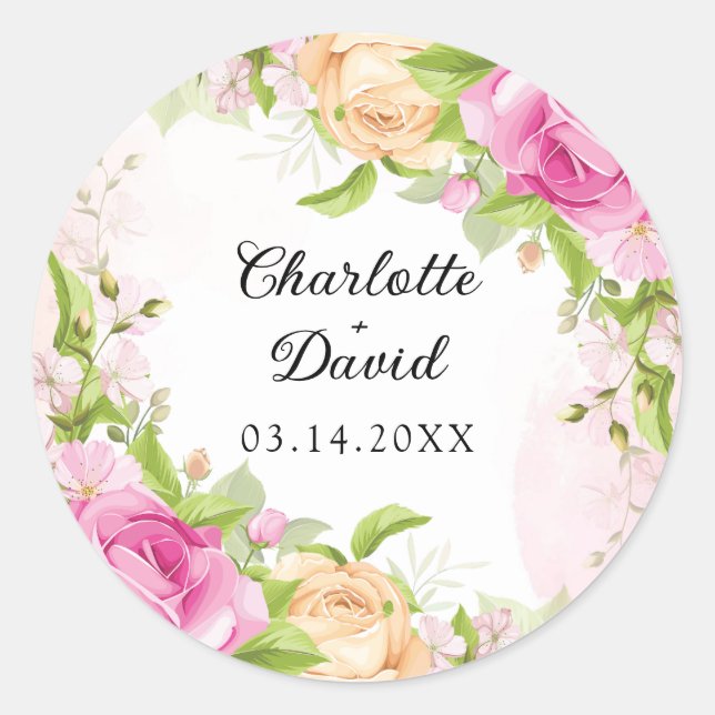 Moderne Elegante Flora Chic Wedding Classic Round Runder Aufkleber (Vorderseite)