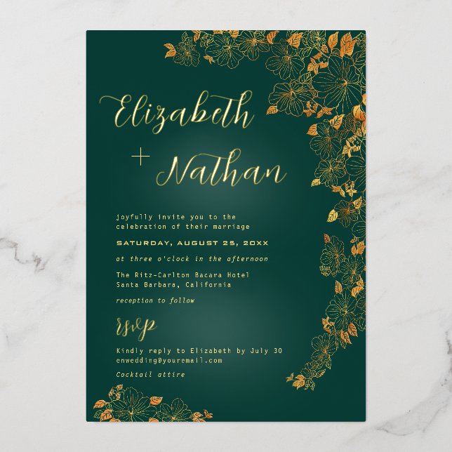 Moderne Elegante Floral Emerald Green Wedding Gold Folieneinladung (Vorderseite)