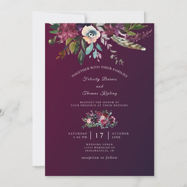 Moderne Elegante florale Burgundy Washed Wedding Einladung (Vorderseite)