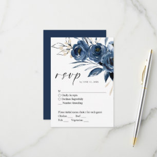 Moderne elegante florale Navyblaue Schrift Hochzei RSVP Karte