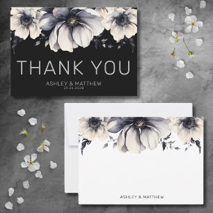 Moderne elegante florale schwarze Hochzeit Dankeskarte