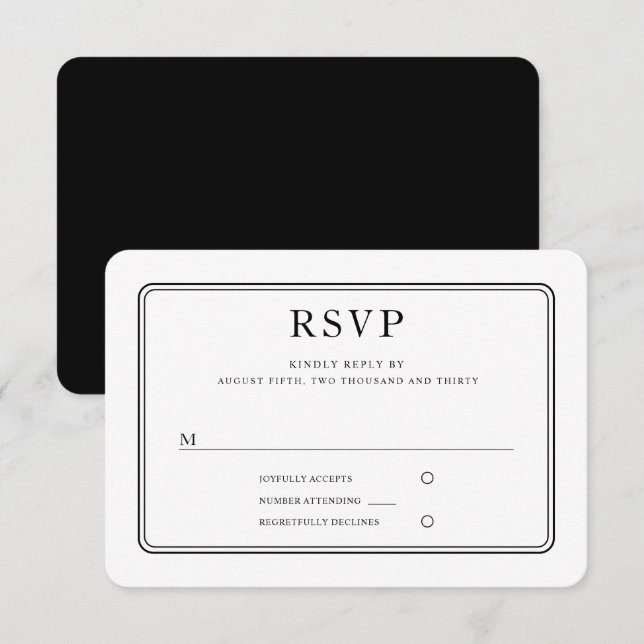 Moderne elegante, formale Schwarz-Weiß-Hochzeit RSVP Karte (Vorne/Hinten)