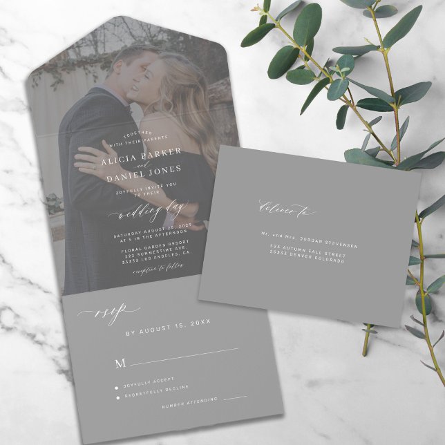 Moderne, elegante Foto Graukohle Hochzeit RSVP All In One Einladung (Von Creator hochgeladen)