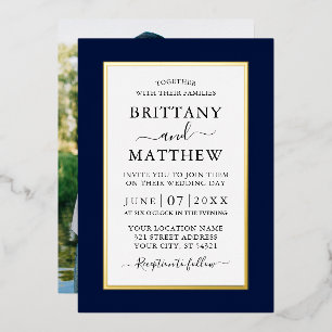 Moderne elegante Foto-Hochzeit Blau Gold Folieneinladung