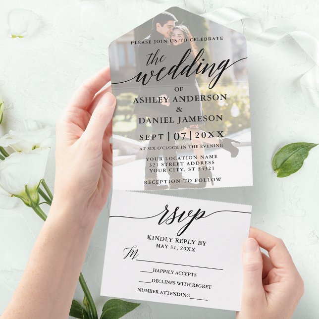 Moderne, elegante Foto-Overlay-Hochzeit All In One Einladung (Von Creator hochgeladen)