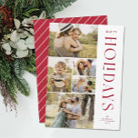 Moderne Elegante Fünf-Foto Collage Happy Holidays Feiertagskarte<br><div class="desc">Senden Sie stilvolle Urlaubssegmente mit diesen schönen 5-Foto-Collagen Weihnachtskarten! Sie verfügen über fünf Fotovorlagen auf dem links Kartenmaterial, mit eleganter, moderner Typografie auf der rechten Seite und lesen "Happy Holidays". Die Rückseite der Karte enthält einfache diagonale Streifen in Weiß auf einem roten Hintergrund. Wenn Sie diese Karte in einer Farbe...</div>