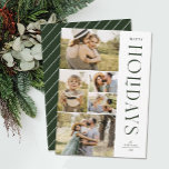 Moderne Elegante Fünf-Foto Collage Happy Holidays Feiertagskarte<br><div class="desc">Senden Sie stilvolle Urlaubssegmente mit diesen schönen 5-Foto-Collagen Weihnachtskarten! Sie verfügen über fünf Fotovorlagen auf dem links Kartenmaterial, mit eleganter, moderner Typografie auf der rechten Seite und lesen "Happy Holidays". Die Rückseite der Karte enthält einfache diagonale Streifen in Weiß auf einem dunkelgrünen Hintergrund. Wenn Sie diese Karte in einer Farbe...</div>