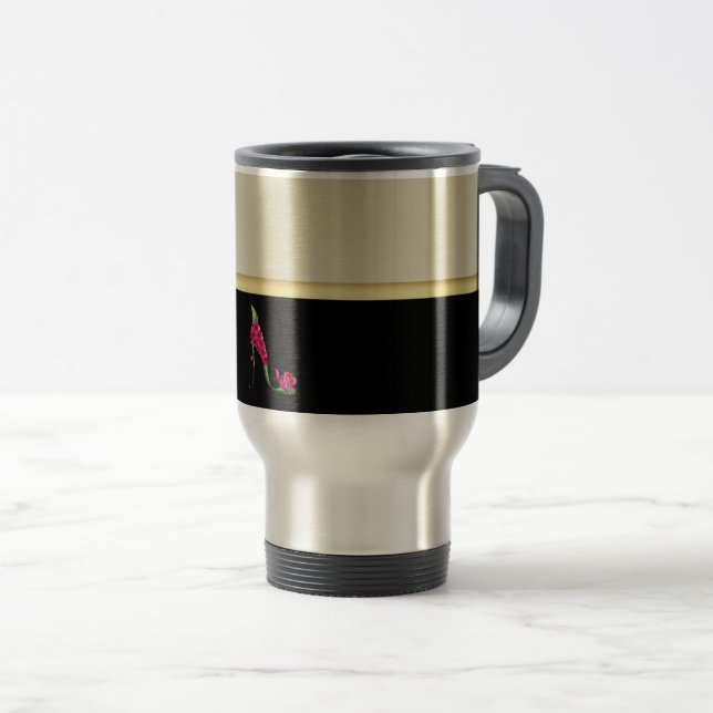 Moderne Elegante Girly, Black, Cream, Blume Heel Reisebecher (VorderseiteRechts)