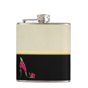 Moderne elegante girly, Schwarz, Creme, Blumenabsa Flachmann