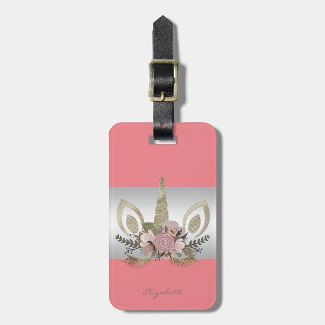 Moderne Elegante Girly, Unicorn, Blumenkronen Gepäckanhänger (Vorderseite vertikal)