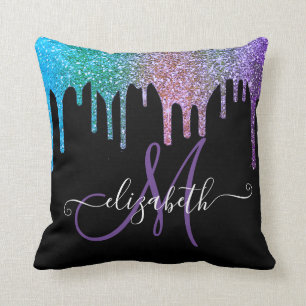 Moderne elegante Glitter-Tropfen schwarzes Monogra Kissen