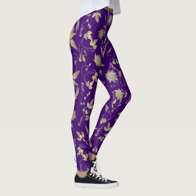 Moderne Elegante Gold Blume Royal Lila Leggings (Rechts)