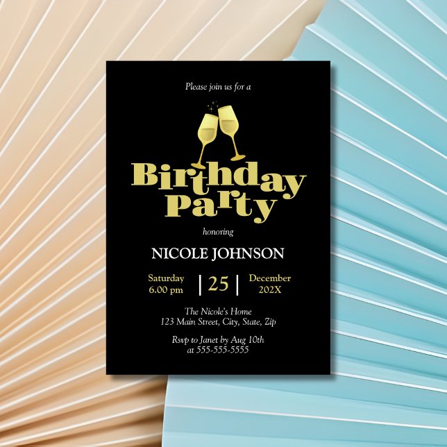 Moderne elegante Gold Champagne Black Birthday Par Einladung (Von Creator hochgeladen)