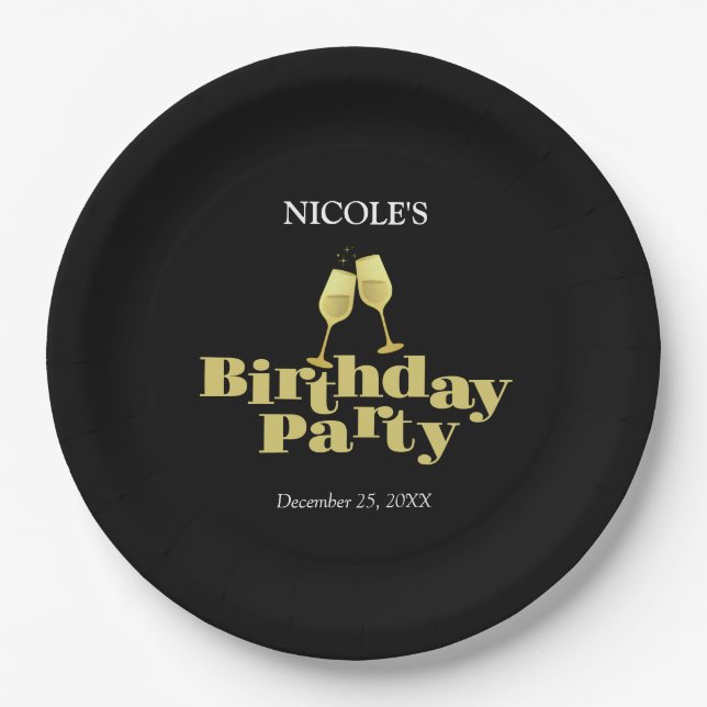 Moderne elegante Gold Champagne Black Birthday Par Pappteller (Vorderseite)