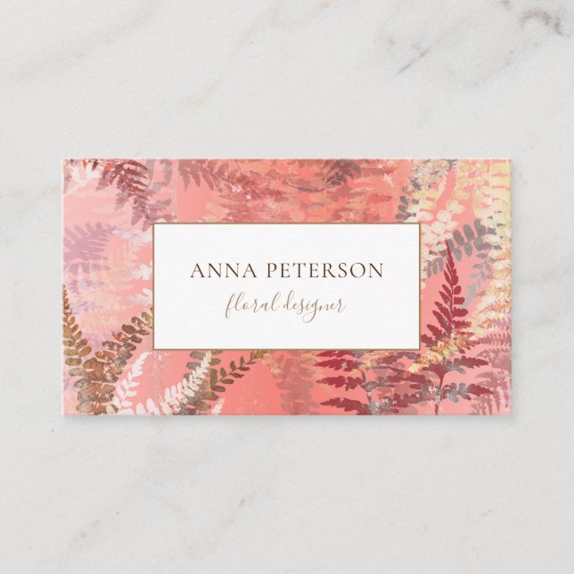 Moderne elegante Gold Coral Pink Fern Blätter Visitenkarte (Vorderseite)