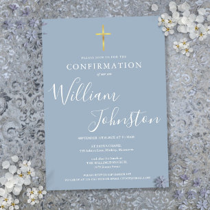 Moderne elegante Gold Cross Dusty Blue Bestätigung Einladung