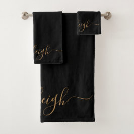 Moderne elegante Gold Script Name Black Badhandtuch Set