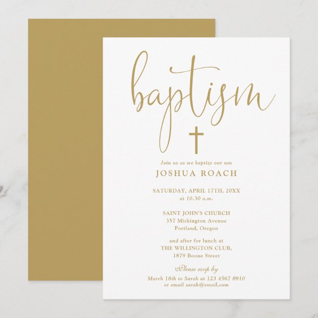 Moderne elegante Gold Script-Taufe Einladung (Vorne/Hinten)