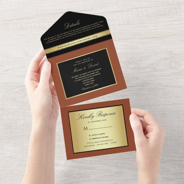 Moderne, elegante Gold- und Black Wedding All In One Einladung (Abreißen)