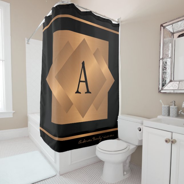 Moderne elegante Gold- und Schwarz-Monogramm-Mode Duschvorhang (Beispiel)