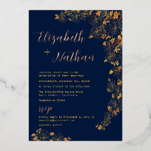 Moderne elegante goldene florale navyblaue Hochzei Folieneinladung