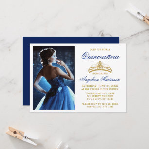 Moderne elegante goldene Krone Royal Blue Quincean Einladung