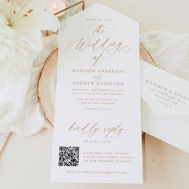 Moderne elegante Goldkalligraphie-Hochzeit All In One Einladung (Von Creator hochgeladen)