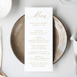 Moderne elegante Goldkalligraphie-Hochzeit Menükarte<br><div class="desc">Verbringen Sie Ihren Hochzeitsempfang mit einer Touch Luxus und wählen Sie aus diesem eleganten Hochzeitsmenü mit "Menu" in edler Goldkalligraphie auf klassischem weißem Hintergrund. Dieses moderne, einfache und elegante Design ermöglicht es Paaren, ihre Speisekarte mit ihren Namen, ihrem Hochzeitstag und ihren Essensdetails in fett gedruckter Goldschrift zu personalisieren. Dieses zeitlose...</div>