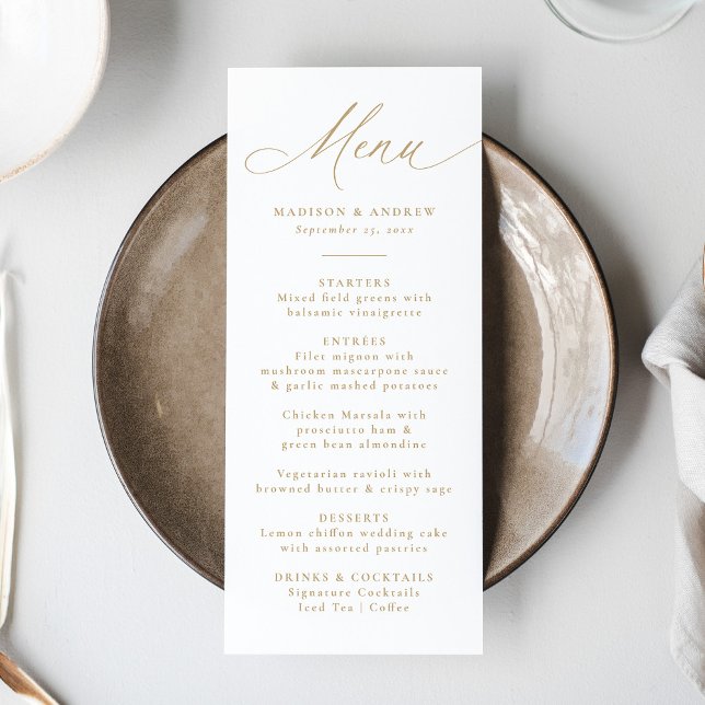 Moderne elegante Goldkalligraphie-Hochzeit Menükarte (Von Creator hochgeladen)