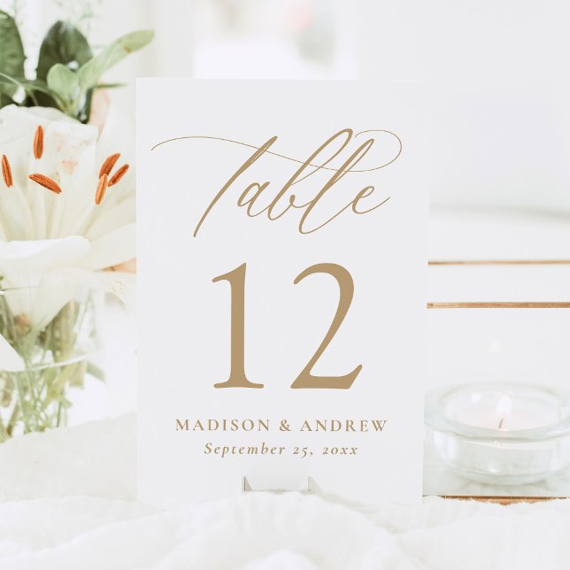 Moderne elegante Goldkalligraphie-Hochzeit Tischnummer (Von Creator hochgeladen)