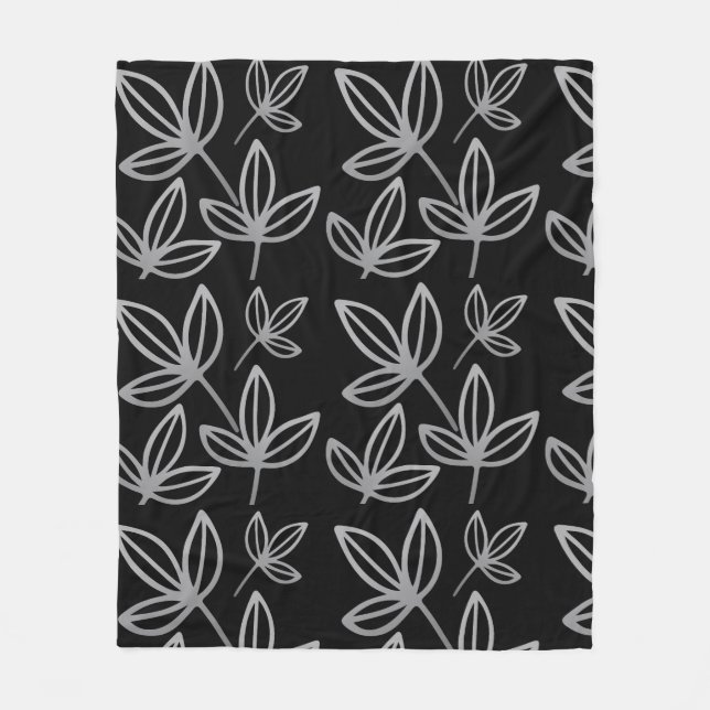 Moderne elegante, graue Blätter Schwarz Fleecedecke (Vorderseite)