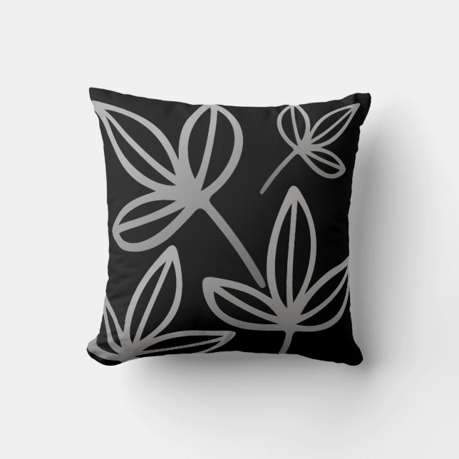 Moderne Elegante Gray Blätter Schwarzes Kissen (Vorderseite)