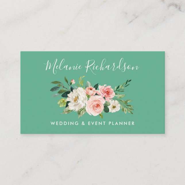 Moderne Elegante Grünanlagen Rosa Blumen Neo Mint Visitenkarte (Vorderseite)