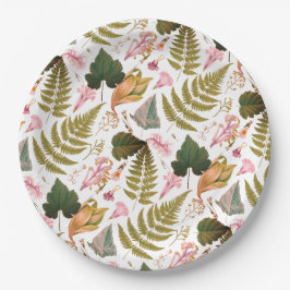 Moderne, elegante grüne Frühlingsstifte und Blätte Pappteller